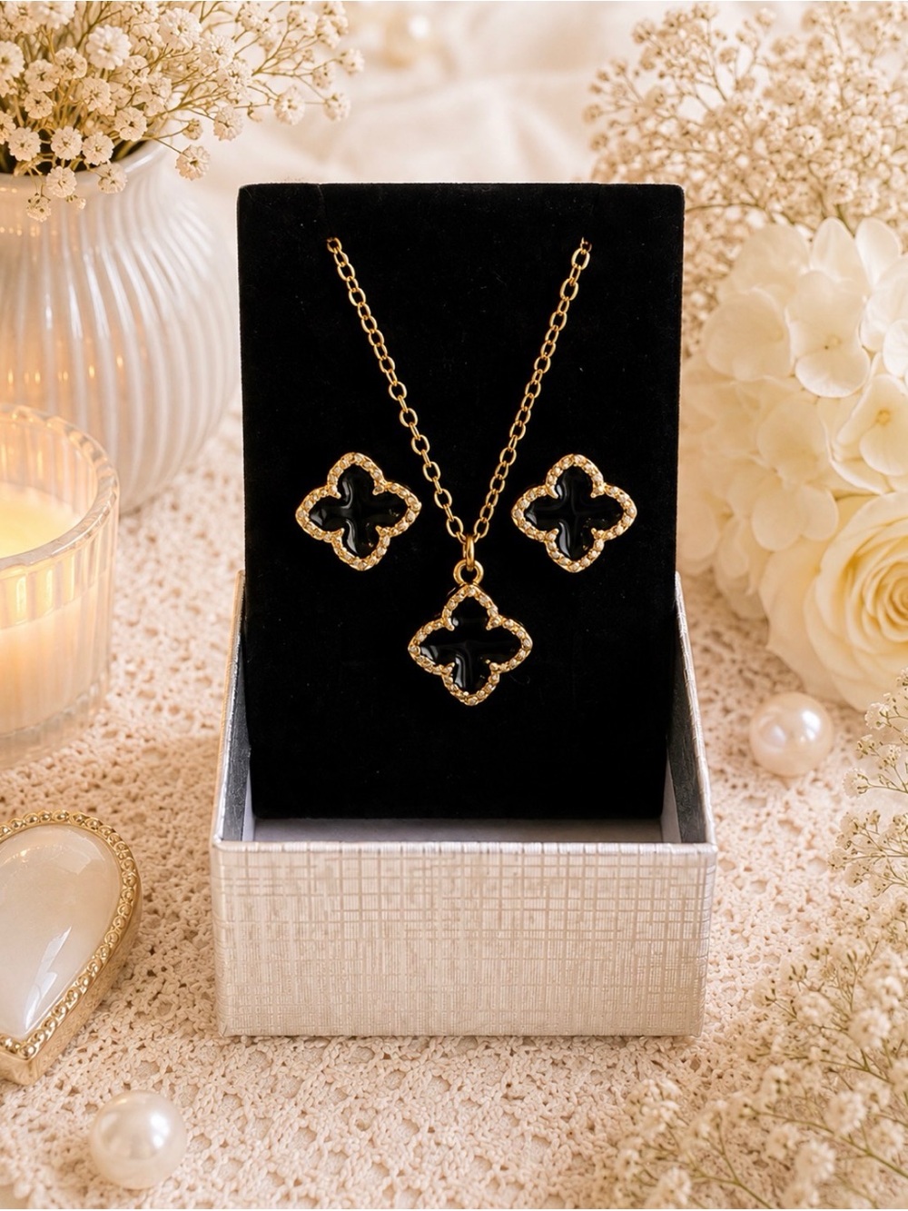 Gold-Plated Black Enamel Clover Necklace & Earring Set-NWOT